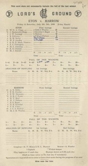 ETON V HARROW 1958 CRICKET SCORECARD
