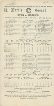 ETON V HARROW 1930 CRICKET SCORECARD