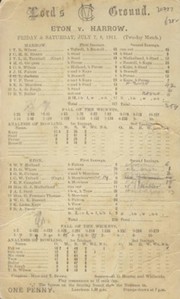 ETON V HARROW 1911 CRICKET SCORECARD
