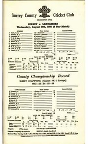 SURREY V LANCASHIRE 1956 (ON SILK) CRICKET SCORECARD - SURREY CONFIRMED AS CHAMPIONS