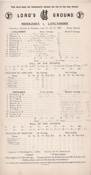 MIDDLESEX V LANCASHIRE 1955 CRICKET SCORECARD