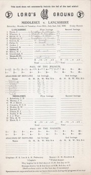 MIDDLESEX V LANCASHIRE 1956 CRICKET SCORECARD