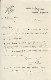 CYRIL WELLS (CAMBRIDGE UNIVERSITY, MIDDLESEX & SURREY) CRICKET LETTER - TO PLUM WARNER