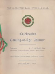 GLADSTONE PARK SWIMMING CLUB 1934 - DINNER MENU