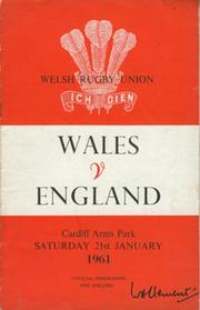 WALES V ENGLAND 1961 RUGBY UNION PROGRAMME