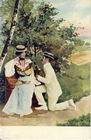MAN ON ONE KNEE COURTING WOMAN SITTING ON BENCH