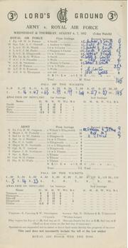 ARMY V ROYAL AIR FORCE 1952 CRICKET SCORECARD