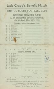 BRISTOL RUGBY FC V BRISTOL ROVERS 1951 CRICKET SCORECARD (JACK CRAPP