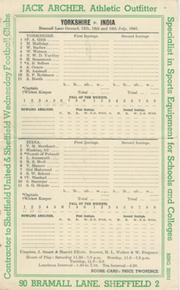 YORKSHIRE V INDIA 1946 CRICKET SCORECARD