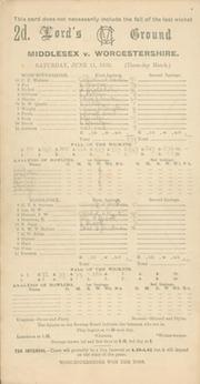 MIDDLESEX V WORCESTERSHIRE 1932 CRICKET SCORECARD