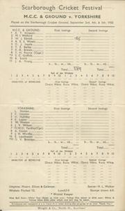 YORKSHIRE V M.C.C. & GROUND 1950 CRICKET SCORECARD - SCARBOROUGH FESTIVAL