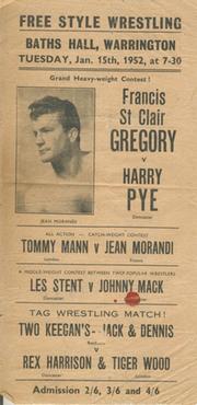 WRESTLING POSTER 1952 - BATHS HALL, WARRINGTON