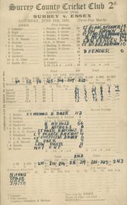 SURREY V ESSEX 1932 CRICKET SCORECARD (HOBBS 2 CENTURIES)
