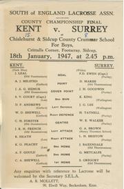 KENT V SURREY (COUNTY CHAMPIONSHIP FINAL) 1947 LACROSSE PROGRAMME