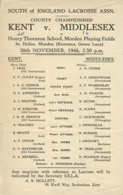 KENT V MIDDLESEX 1946 LACROSSE PROGRAMME