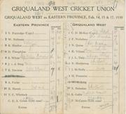 GRIQUALAND WEST V EASTERN PROVINCE 1930 CRICKET SCORECARD - BALASKAS 11 WICKETS AND A CENTURY