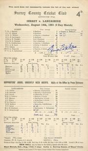 SURREY V LANCASHIRE 1963 CRICKET SCORECARD - SIGNED BY STATHAM