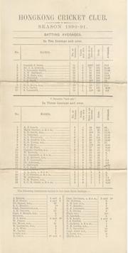 HONG KONG CRICKET CLUB 1890-91 LIST OF SEASON