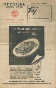 EUROPEANS V HINDUS 1943 (BOMBAY PENTANGULAR) CRICKET SCORECARD