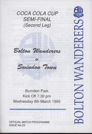 BOLTON WANDERERS V SWINDON TOWN 1995 (LEAGUE CUP SEMI FINAL) FOOTBALL PROGRAMME