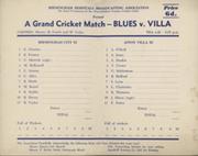 BIRMINGHAM CITY V ASTON VILLA (EDBASTON) 1958 CRICKET SCORECARD