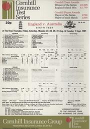 ENGLAND V AUSTRALIA 1981 (OVAL) CRICKET SCORECARD - ENGLAND RETAIN THE ASHES