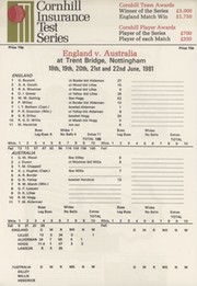ENGLAND V AUSTRALIA 1981 (TRENT BRIDGE) CRICKET SCORECARD