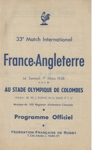 FRANCE V ENGLAND 1958 RUGBY UNION PROGRAMME