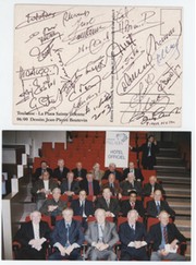 1958 FOOTBALL WORLD CUP REUNION SIGNED POSTCARD - SIGNED BY EUSEBIO, PLATINI, FONTAINE, CHARLTON ETC.