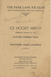 SCOTTISH TOURING TEAM V GROSVENOR HOUSE CANADIANS 1932 ICE HOCKEY PROGRAMME
