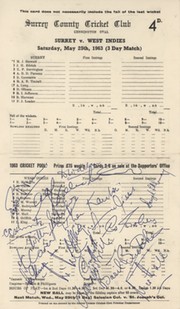 SURREY V WEST INDIES 1963 CRICKET SCORECARD - SIGNED BY WEST INDIES