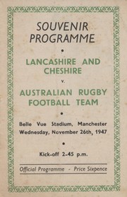 LANCASHIRE & CHESHIRE V AUSTRALIA 1947 RUGBY UNION PROGRAMME 