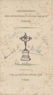 1957 BRITISH RYDER CUP TEAM SIGNED DINNER MENU 