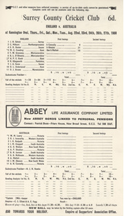 ENGLAND V AUSTRALIA 1968 (OVAL) CRICKET SCORECARD - AUSTRALIA RETAIN ASHES