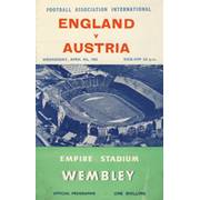 ENGLAND V AUSTRIA 1962 FOOTBALL PROGRAMME
