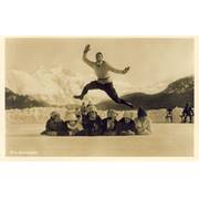 ACROBATIC SKATER LEAPING ABOVE A ROW OF MUFFLED LADIES (postcard)