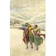 THREE WOMEN SKATING ON A LAKE WITH MOUNTAINS BEHIND (postcard)
