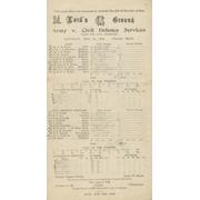ARMY V CIVIL DEFENCE SERVICES 1944 CRICKET SCORECARD