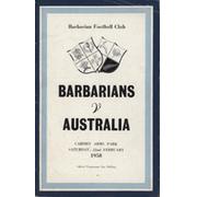 BARBARIANS V AUSTRALIA 1958 RUGBY PROGRAMME