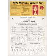 HAMPSHIRE V KENT 1992 (BENSON AND HEDGES FINAL) CRICKET SCORECARD