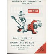 HOME FARM V RACING CLUB DE LENS 1975 (ECWC) FOOTBALL PROGRAMME