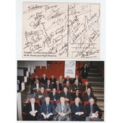 1958 FOOTBALL WORLD CUP REUNION SIGNED POSTCARD - SIGNED BY EUSEBIO, PLATINI, FONTAINE, CHARLTON ETC.