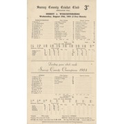 SURREY V WORCESTERSHIRE 1954 (LOWEST AGGREGATE TOTAL OF 65) CRICKET SCORECARD - SURREY CONFIRMED AS CHAMPIONS