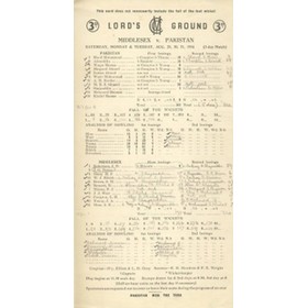 MIDDLESEX V PAKISTAN 1954 CRICKET SCORECARD