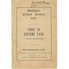 BARBADOS CRICKET SEASON 1931 (FIXTURE CARD)
