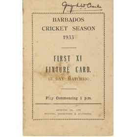 BARBADOS CRICKET SEASON 1933 (FIXTURE CARD)