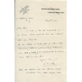 CYRIL WELLS (CAMBRIDGE UNIVERSITY, MIDDLESEX & SURREY) CRICKET LETTER - TO PLUM WARNER