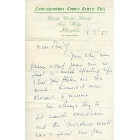 WILFRED WOOLLER TO PERCY BUSH 1953 AUTOGRAPHED RUGBY LETTER