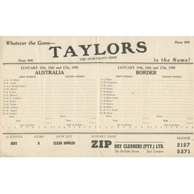 BORDER V AUSTRALIA 1949-50 CRICKET SCORECARD