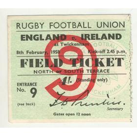 ENGLAND V IRELAND 1958 RUGBY TICKET